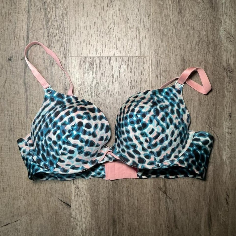 Cosmopolitan‎ Blue Houndstooth Print Push-Up Underwire Bra Pink Trim Women's 38B